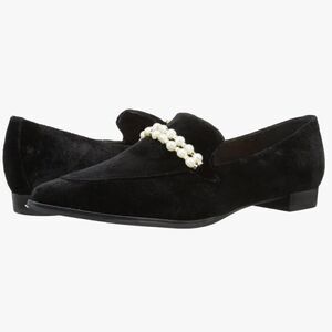 Marc Fisher Black Velvety Kneel Pearl Embellished Pointed Toe Slip On Loafer